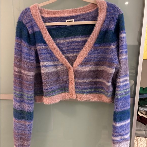 NWT Aritzia Sunday Best Reese Cropped Cardigan Striped Blue, Purple, and Pink - Picture 1 of 3